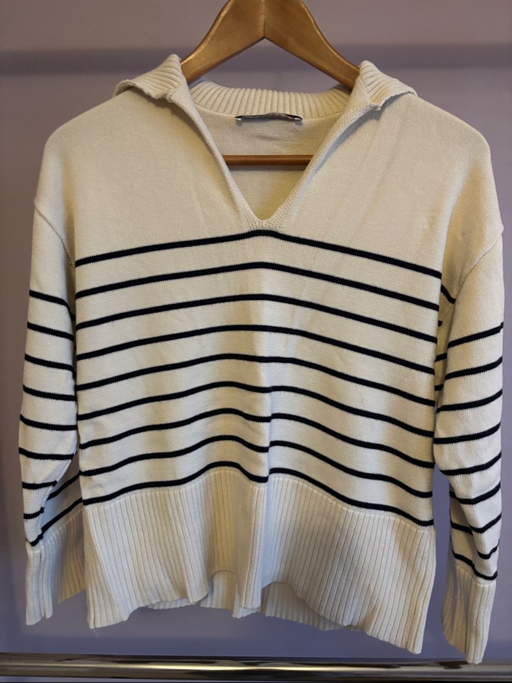 Zara Cream V-Neck Sweater with Black Stripes